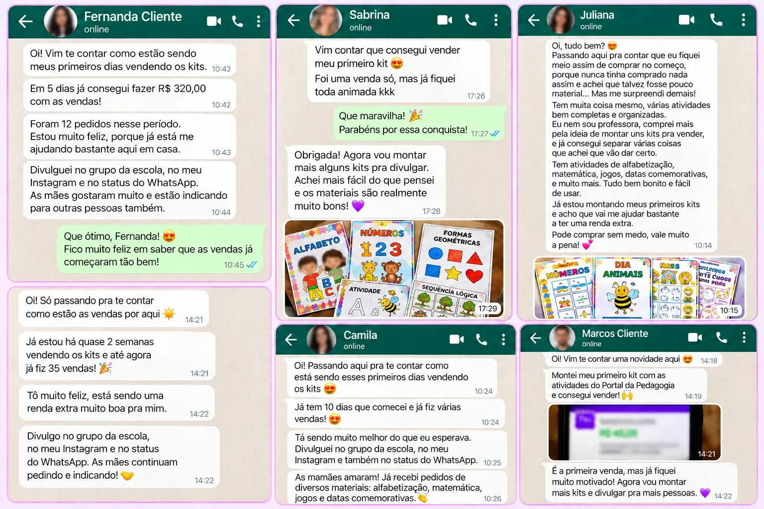 Mensagens de clientes contando suas primeiras vendas com os kits do Portal da Pedagogia